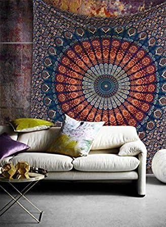 King size ethnic mandala tapestry Bedding sheet Multi Color Indian Mandala Wall Art Hippie Wall Hanging Bohemian Bedspread (Dark Blue &amp; Light Blue, King ( 270 x 270 centimeters ))