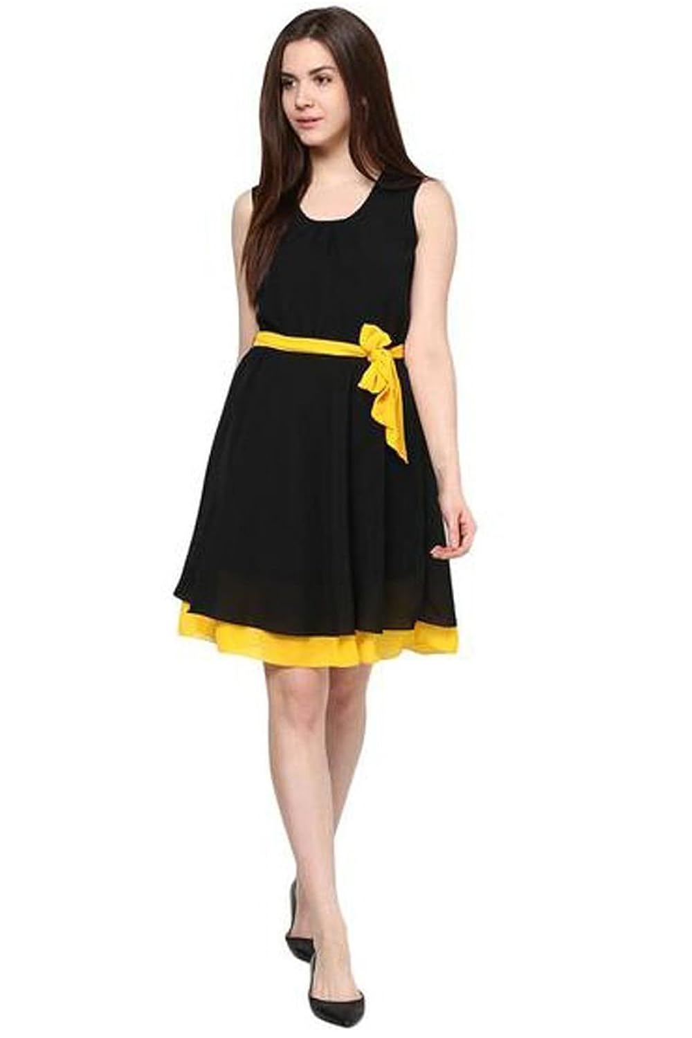 binny creation women's georgette black yellow western dress (tunic)