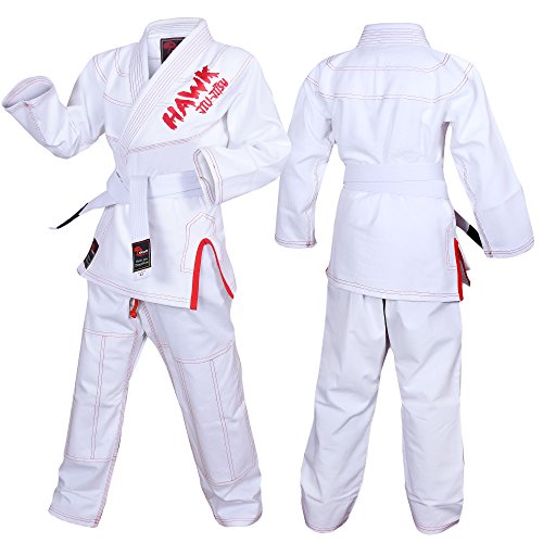 Hawk Kids Brazilian Jiu Jitsu Suit Youth Children BJJ GI Kimonos Boys & Girls BJJ Uniform Lightweight Preshrunk Pearl Weave Fabric, with Free White Belt, 1 Year Warranty!!! (K3, Boys White)