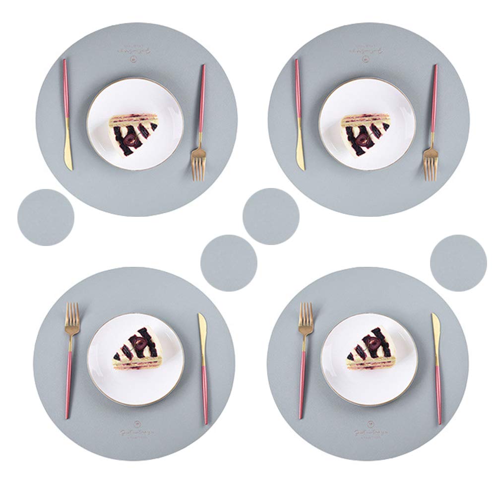 Set of 4 Round PU Leather Placemats and Coasters, Faux Leather Waterproof Table Mats, Easy to Wipe Off for Kitchen Dining Round Table(Grey)