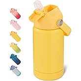 Fijinhom 12 oz Water Bottle, Kids Water Bottles for School, Toddler Cup with Straw & Handle, 304 Stainless Steel Insulated Water Bottle, Non-slip Silicone Base, BPA Free, Yellow