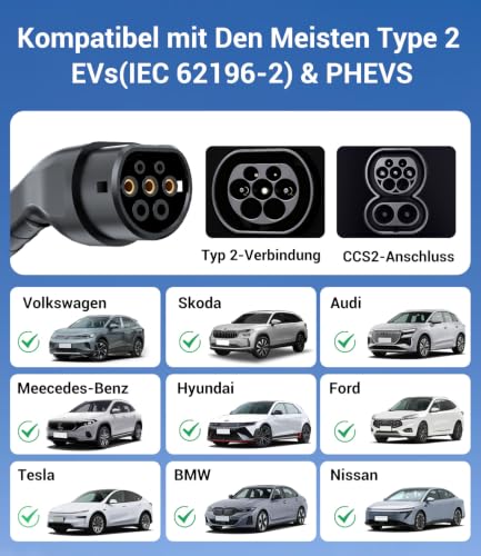Type 2 Charging Cable Schuko 3.7 kW - 7 m | 6-16 A | 1-Phase Portable Charging Cable Car, Adjustable Charging Power, Setting Start Time, LCD Display, IP65 Waterproof, for All EVs (IEC 62196-2) & PHEVS