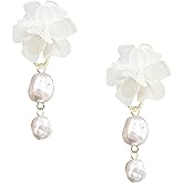 GUOXIAOMEI Handmade Bohemian Flower Pearl Dangle Earrings for Women Acrylic Resin Tiered Petal Drop Earrings Lightweight Statement Jewelry