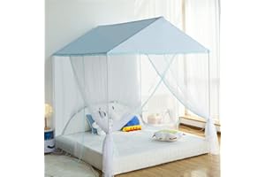 Akiky Kids Bed Canopy with Pompom Montessori Bed Canopy Boho Style Indoor & Outdoor Dustproof Play Tent for Boys(Twin,Blue)