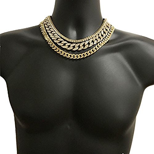 Time scent 14K Yellow Gold Plated Quavo Choker 20" Cuban & 18" Full Iced Cuban & 1 Row Tennis Chain Set