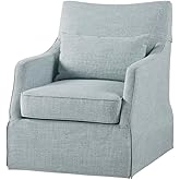 Martha Stewart London Swivel Chair - Solid Wood & Plywood, Skirted Metal Base Accent Armchair, Lumbar Pillow -Modern Classic 