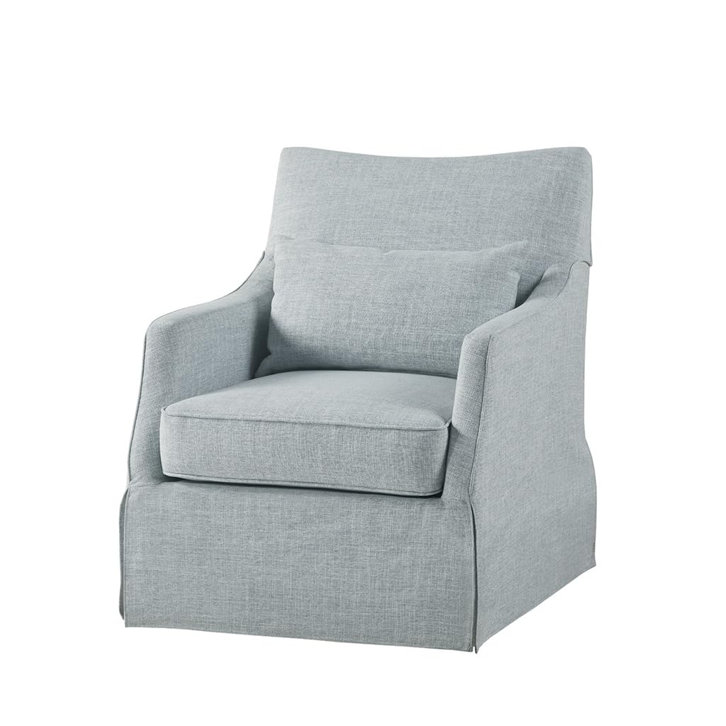 Photo 1 of ** USED ** UNTESTED *** Martha Stewart London Swivel Chair - Solid Wood & Plywood, Skirted Metal Base Accent Armchair, Lumbar Pillow -Modern Classic Family Room Sofa Furniture Bedroom Lounge, 28"X31.5"X35.25", Light Blue