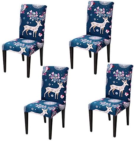 Dining Chair Covers Stretch Removable Washable Short Dining Chair Protector Cover Seat Slipcover for Hotel Dining Room Ceremony Banquet Wedding Party, 4 Per Set (Christmas Deer)