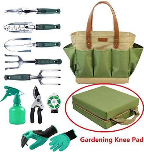Garden Tool Tote Solid Bag with 11 Piece Hand Tools,Best Gardening Gift Set Organizer with Vegetable Garden Tool Kit,Free Kneeler Pad,Digging Claw Gloves and All Necessary Gardening Accessories