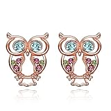 iCAREu Rose Gold Plated Colorful Czechic Diamond Owl Stud Earrings for Women, Girls