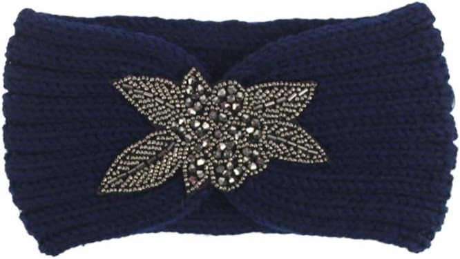 minkissy Headband Crochet Turban Headband Woolen Yarn Knitted Headwrap Hair Band Elastic Winter Ear Warm Protector With Flower For Girls Women (Navy) Hair Headbands