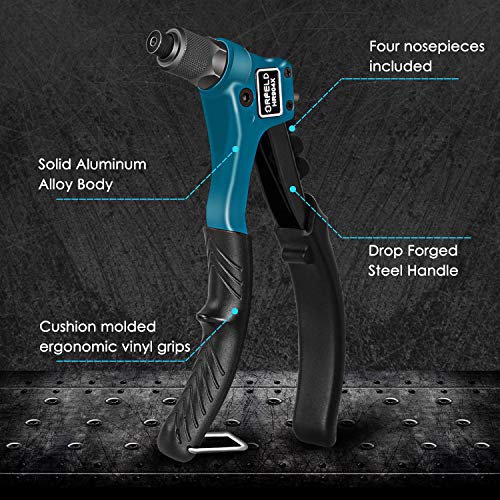 Orfeld Rivet Gun, Single Hand Manual Rivet Gun Kit With 4 Interchangeable Color Coded Heads, 100 Piece Rivets, 4 in 1 Hand Riveter Set for Plastic, Metal, Leather, Large & Small Jobs