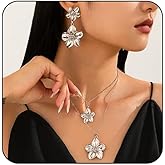 bike8 Large Double Flower Necklace Earrings Set for Women Chunky Gold Layered Flower Pendant Necklace Boho Large Floral Statement Earrings Jewelry