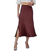 HERBATOMIA Women’s Midi Satin Skirt Side Slit High Elastic Waisted Summer2025 Elegant Solid Skirts for Women