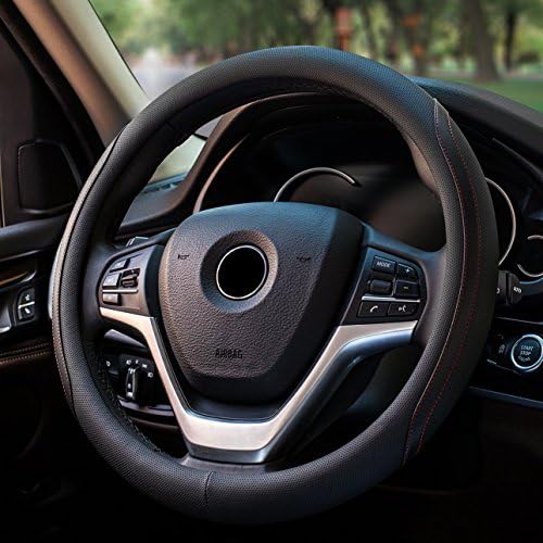 FrohLila EcoGehen D-Type Universal Fit Leather Car Steering Wheel Cover 37-39CM/15 Anti Slip Breathable Protector Car Accessory Heavy Duty Year Round Use for Truck SUV - Black & Red Line