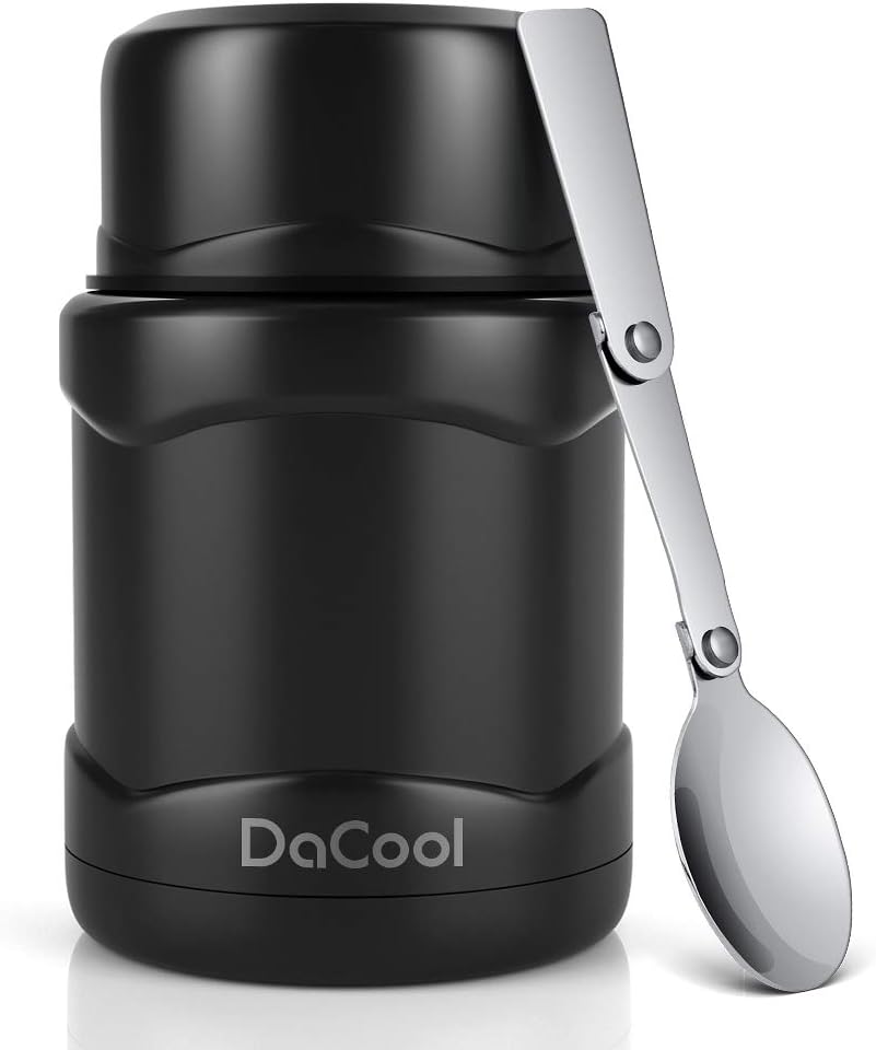 DaCool Insulated Lunch Container for Hot Food Thermos Kids 16 oz Stainless Steel Vacuum Hot Food Jar for Boys kids Adult Lunch Box with Spoon Leak Proof Travel Soup Container for School Outdoors Black