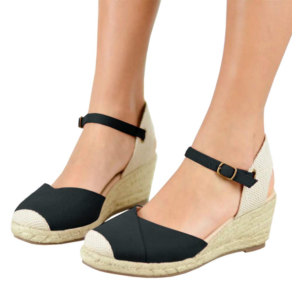 LAICIGO Women’s Espadrilles Wedge Sandals, Cap Toe Ankle Strap with Buckle, Slingback Summer Platform Shoes