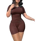 vyolu Lounge Wear Ribbed Casual 2 Piece Tracksuit Set Women Solid Skinny Short Sleeve O-Neck Top+Mid Waist Elastic Leggings