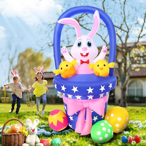 Easter Inflatable Bunny Outdoor Decorations, Blow Up Easter Rabbit with Basket, Chick & Colorful Eggs, Built-in LED Lights Yard Decoration for Indoor Outside (6FT Bunny with Basket)