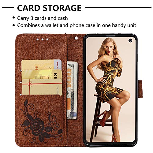 Funyye Wrist Strap Leather Cover for Samsung Galaxy S10,Brown Magnetic Flip Butterfly Embossing Flower Pattern Folio Wallet Case with Stand Credit Card Holder Slots Case for Samsung Galaxy S10