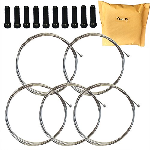 Yuauy 5 pcs 2100mm Shift Cable Derailleur Cable Stainless Steel for Mountain and Road Bicycle + 10 PCs Black Alloy Cable Cap End Tip Crimp