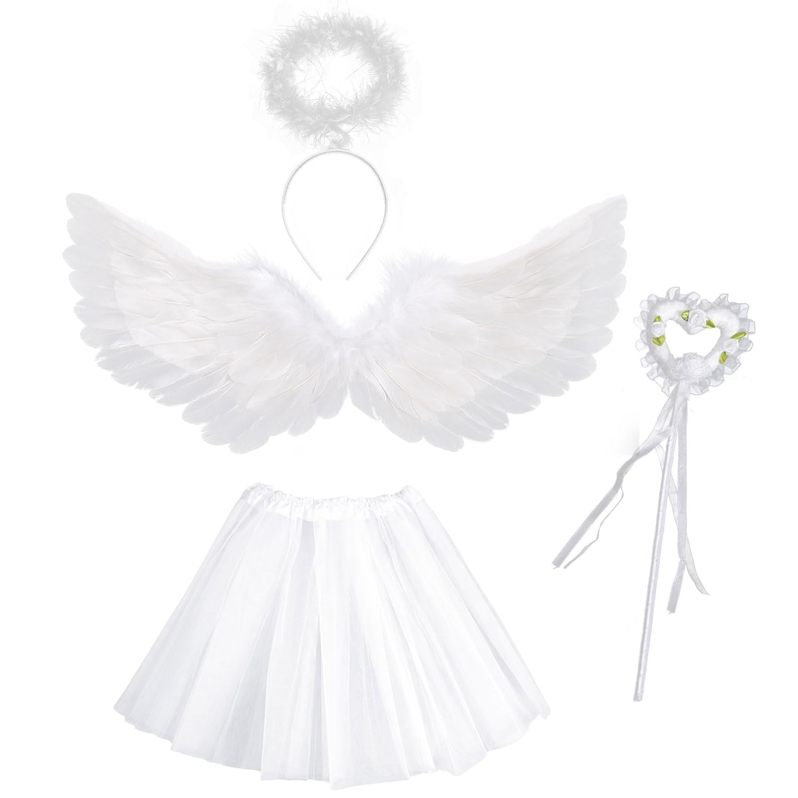 MUNSKT 4 PCS Ladies Angel Costume Angel Wings Tutu Skirt And Halo Headband Set Womens White Angel Wings and Halo Headband with Tutu Skirt Halloween Costumes for Women Christmas Carnival Fairy Fancy Dr