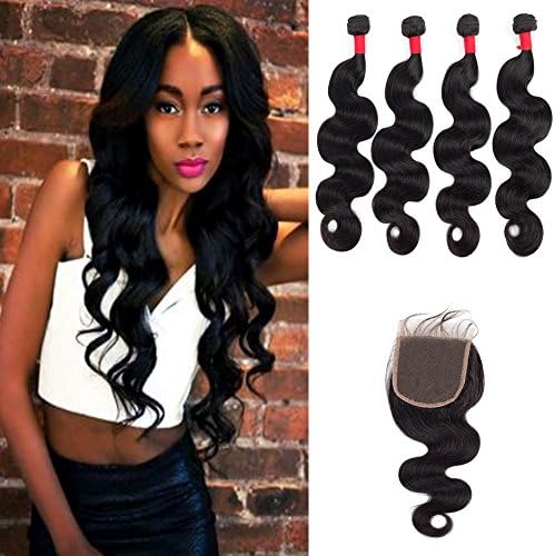 Juyouya Human Hair With Lace Closure 4"x4" Free Part 100g/Piece 8A Grade Brazilian Body Wave 4bundles Human Hair Extensions Natural Color Popular … (24 26 28 30 +20)