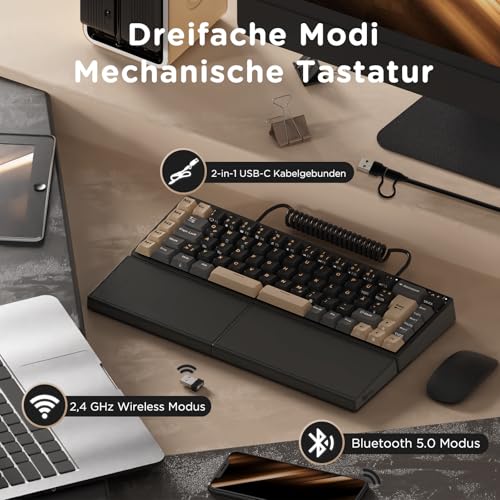 RK ROYAL KLUDGE S70 Gaming Keyboard Wireless Mechanical Ergonomic Split Design Keyboard QWERTZ with Wrist Rest, Bluetooth/2.4G/USB-C, RGB Lighting, Hot-Swap Linear Creamy Switches