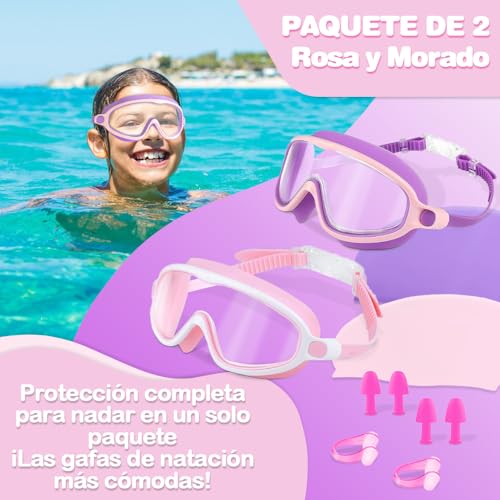 Gafas de Natación para Niños,2 Pcs Anteojos de Natación para Niños con Tapón para La Oídos y Clip para La Nariz,Swim Goggles Ajustable de Silicona,Protección UV,Sin Fugas,Antivaho Anteojos de Natación