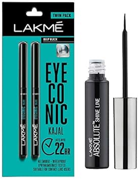 Lakme Eyeconic Kajal Twin Pack, Black, 0.35g with 0.35g & Lakme Absolute Shine Liquid Eye Liner, Black, 4.5ml
