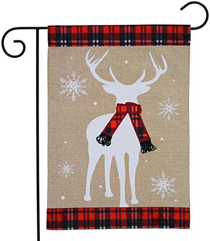 Winter Deer Burlap Garden Flag Plaid Scarf 12.5" x 18" Briarwood Lane