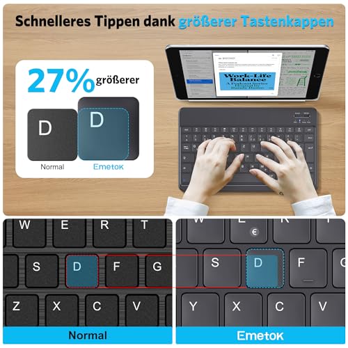 Emetok German Bluetooth Keyboard for iPad Air/Pro/Mini/10.9/10.2/9.7/iPhone/Android, Magnified Keycaps, Rechargeable, QWERTZ, Portable Wireless, Ultra Thin, Black