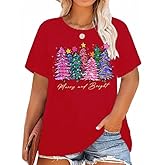 Plus Size Christmas Shirts for Women Merry and Bright Tshirt Xmas Tree Holiday Short Sleeve Tops
