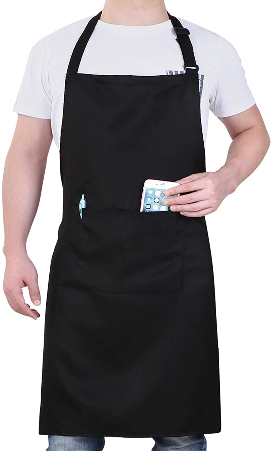 DDSHUN Kitchen Adjustable Bib Apron with 2 Pockets Cooking Kitchen Apron for Men, Women with Long Ties for Home Kitchen, Restaurant, Coffee House, Baking Gardening BBQ