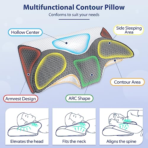 HOMCA Cervical Memory Foam Pillow, Sleeping Pillow with Breathable and Cool Cover, Ergonomic Pillows for Neck and Shoulder Pain 60 x 35 x 8/12 cm