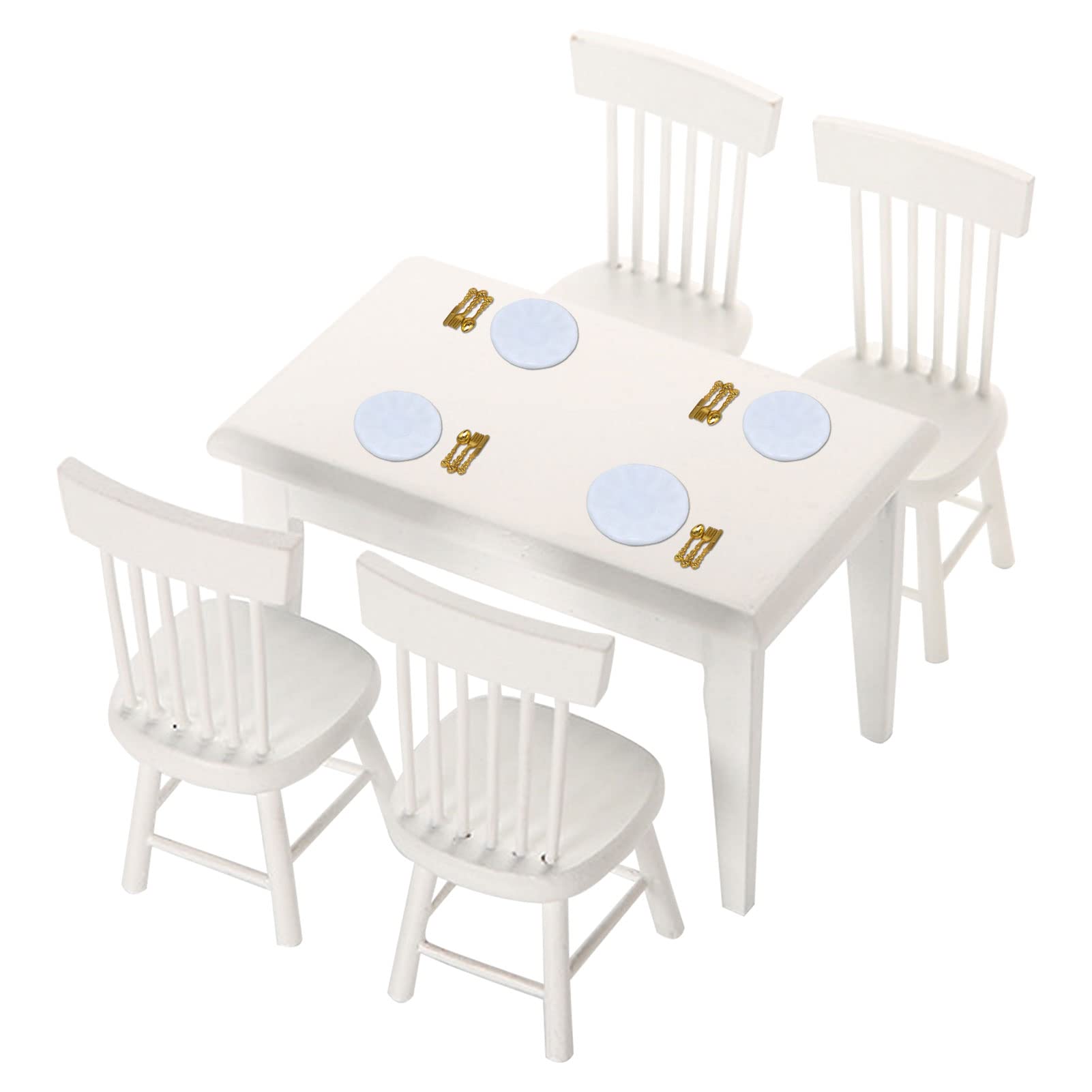 Tesyeux Miniature Dining Set, 22Pcs Kitchenware Model Set, White Wooden 1:12 Chairs, Plates, Forks, Spoons, Gold Cutlery, Kitchen Accessories for Miniature Dolls, Furniture Set