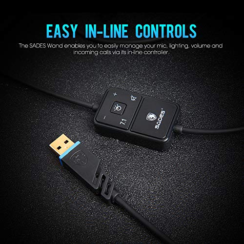SADES PC Gaming Headset -Wand- 7.1 Surround Sound USB Input Plug Over-Ear Headphones with Noise Isolating Microphone and Adjustable Headband for Computer Gamers