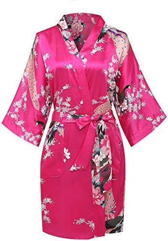 PC Short Kimono Robe with Peacock &amp; Blossoms Print for Women Rose