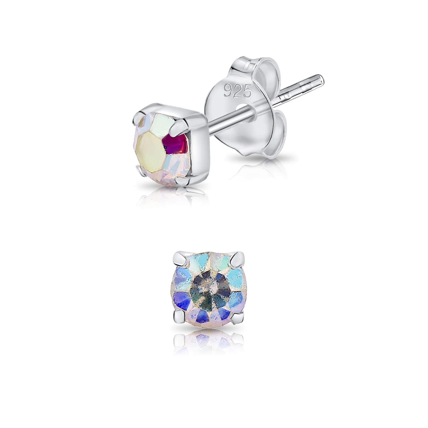 DTPsilver® 925 Sterling Silver SMALL Square Stud Earrings made with Round Glittering Crystals from Swarovski® Elements - Diameter: 4 mm - Colour : Aurora Borealis — image 1