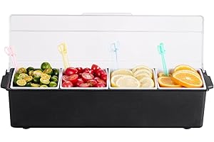 VEVOR Chilled Condiment Server, 4 Compartment Ice Cooled Condiment Serving Container, Chilled Garnish Tray Bar Caddy with Lid, for Bartending & Serving Taco, Salad, Fruit, Home & Restaurant Supplies