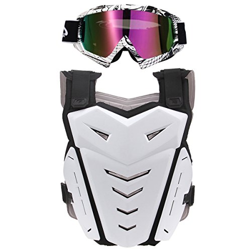 Chest Back Protector with Goggles,POSSBAY Motorcycle Gear Armor Glasses Set S White for Scooter Motocross Dirt Bike Skiing Riding Cycling Skating