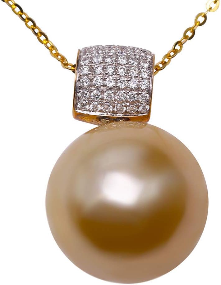 JYX 16mm Water Drop South Sea Golden Pearl Pendant 18k Gold Drum Inlaid Diamonds Drop Necklace for Mother Wife Lady Gift