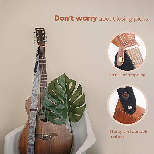 Vintage Tweed Guitar Strap Soft Cotton Genuine Leather Ends Strap with Pick Pocket, 3 Picks Included for Acoustic Guitar, Electric Guitar, Bass, Banjos (Grey/Black)