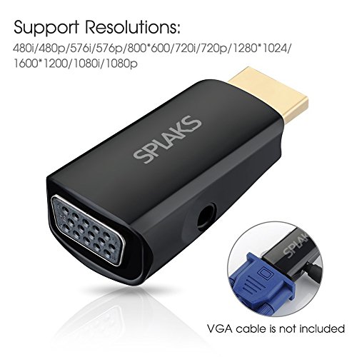 HDMI to VGA, Splaks Tiny Portable HDMI TO VGA with Audio Adapter Male to Female with 3.5mm Audio Output for PC Laptop Power-Free, Raspberry Pi Laptop ,Projector,HDTV,PS3,Xbox STB Blu-ray DVD