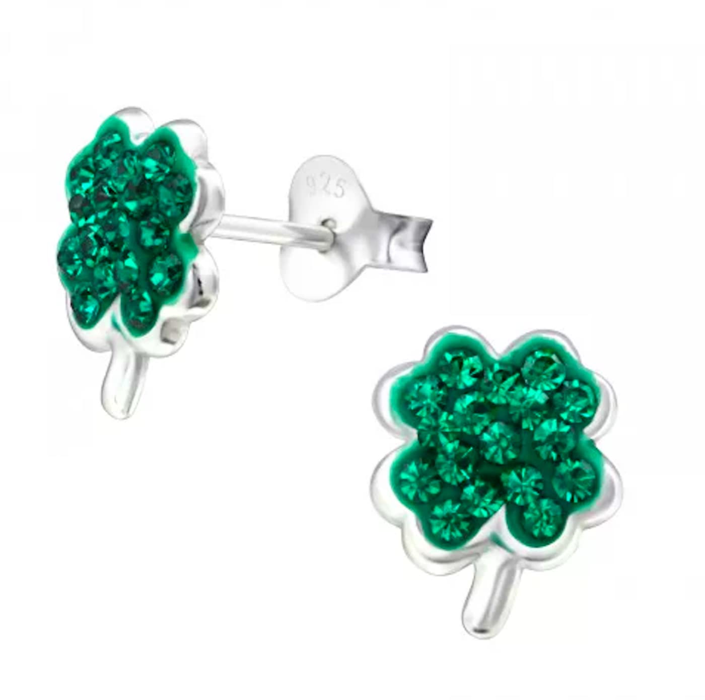 Four Leaf Clover with Emerald Green Crystals 925 Sterling Silver Earrings - Irish Shamrock