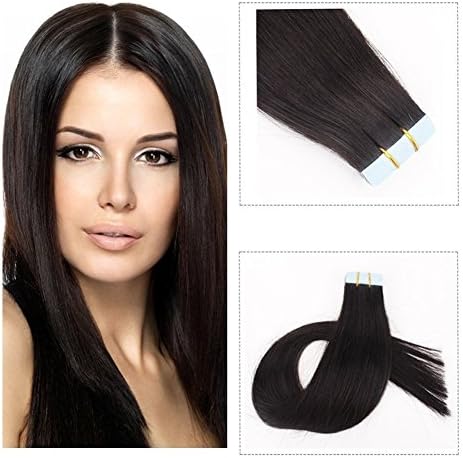 Tape in Hair Extensions Natural Black Human Hair Extensions 20 Pieces 40 Gram Silky Straight Skin Weft Double Sided Remy Tape on Hair Extensions for Women (18 inch, #1B)
