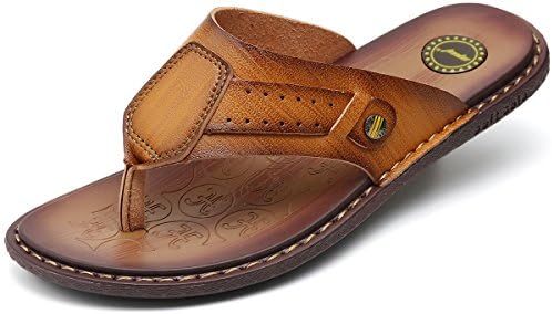 MVVT Men's Sandals Leather Microfiber Flip Flops For Men Casual Shoes (11 D(M) US, Brown)