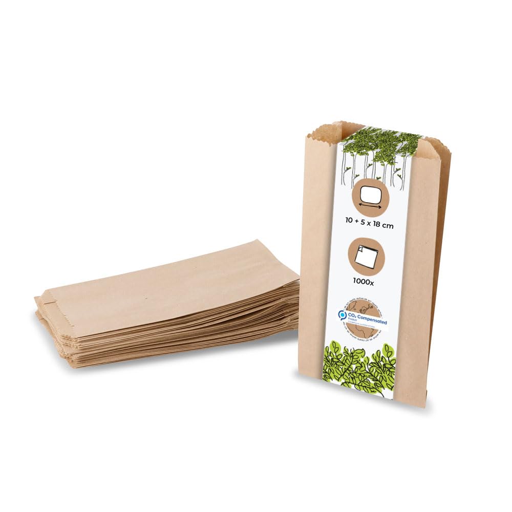 BIOZOYG Brown Paper Bags Bread Buns Rolls Baked Goods Pouches 1000 Pcs 10x5x18.5cm Fold Top Unbleached Brown Paper Biodegradable Compostable Recyclable Sturdy Tear Resistant