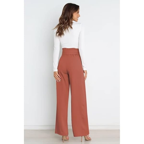 YAZINIE WOMENS HIGH WAIST WIDE LEG PANTS ELASTIC WAISTBAND BELLY CONTROL OFFICE PANTS WITH POCKETS FOR WORK CASUAL RUST RED