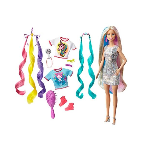 Barbie-Puppe, Einhorn-Barbie-Puppe mit Meerjungfrauenhaar und Einhorn-Haarkrönchen, Barbie-Accessoires, Barbie-Puppe inklusive, Geschenke für Kinder ab 3 Jahren,GHN04